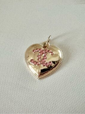 CHANEL Gold Heart with Pink Crystal CC Emblem Upcycled Upcycle Necklace